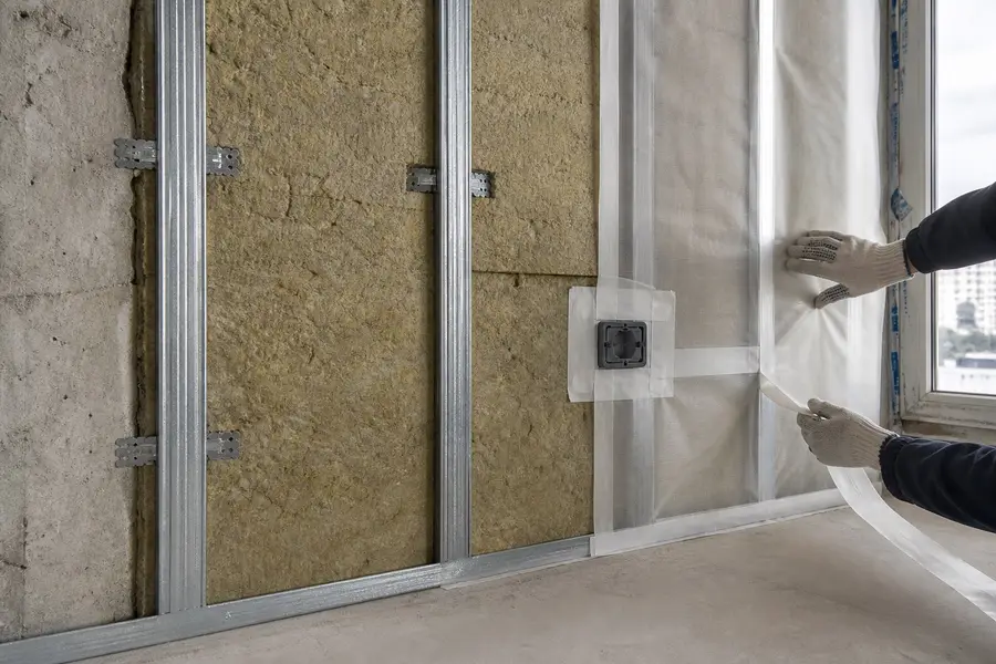 Metal framing, mineral wool and vapour-control layer