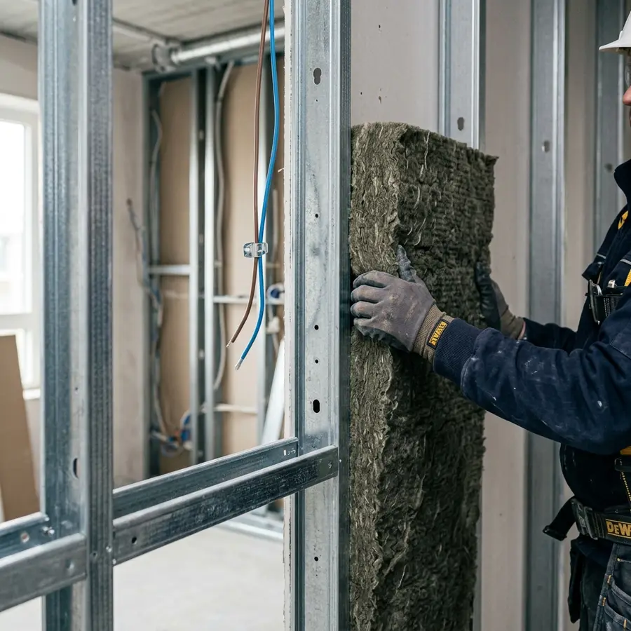 Acoustic mineral wool within metal framing